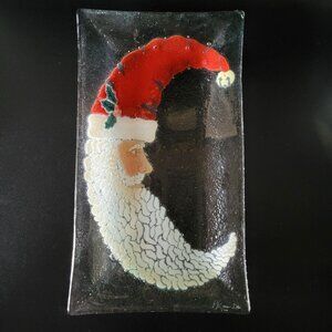 Peggy Karr Fused Art Glass Plate Crescent Moon Santa Claus Rectangular 14 X 8